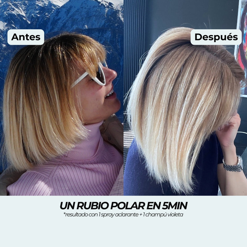 Antes y después: media melena rubia con reflejos amarillos convertida en Rubio Polar frío, con 1 spray aclarante y 1 Champú Violeta