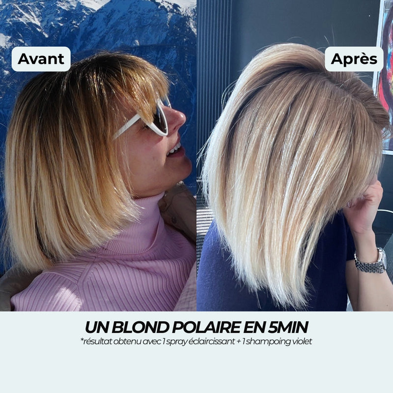 Avant après : carré blond aux reflets jaunes devenu blond polaire froid, avec 1 spray éclaircissant et 1 shampoing violet