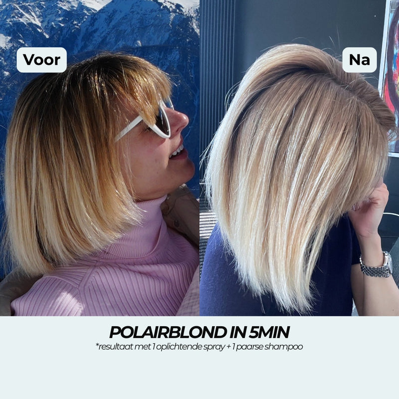 Voor en na: blonde bob met gele tinten werd koel polair blond, met 1 Blonderende spray en 1 Paarse shampoo