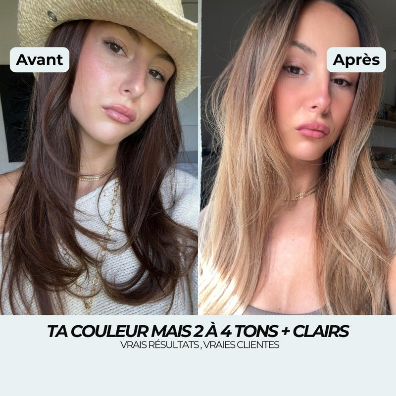 Avant après spray éclaircissant : du châtain foncé au blond doré, 2 à 4 tons plus clairs