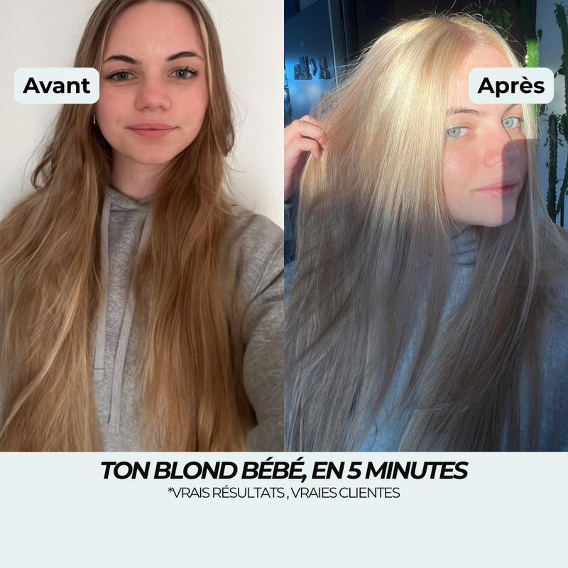 Avant après spray éclaircissant : du blond foncé aux racines châtain à un blond très clair