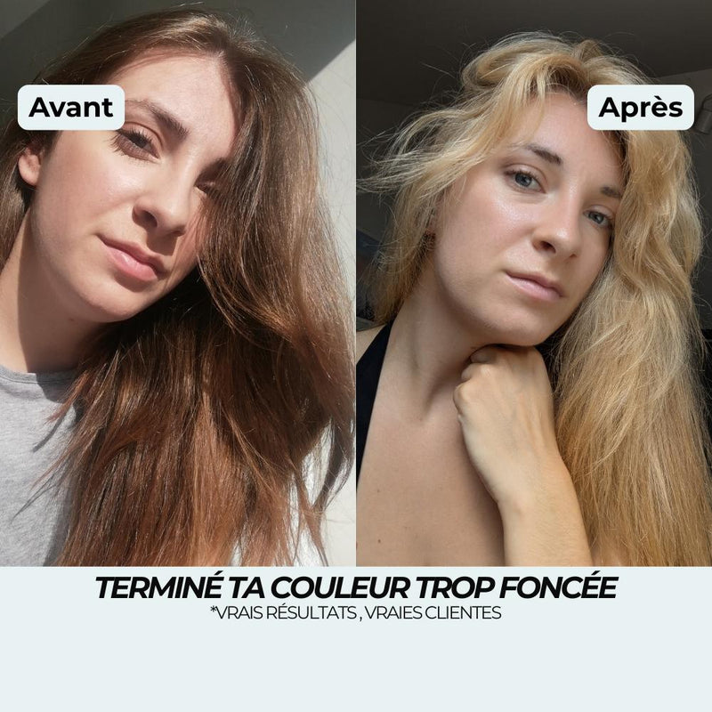 Avant après spray éclaircissant : couleur châtain auburn trop foncée éclaircie en blond doré chaud