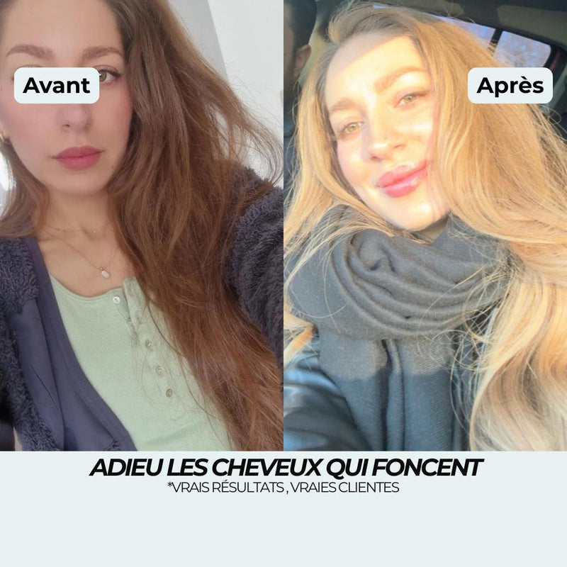 Avant après spray éclaircissant : cheveux châtain cuivré ternis, ravivés en blond doré lumineux