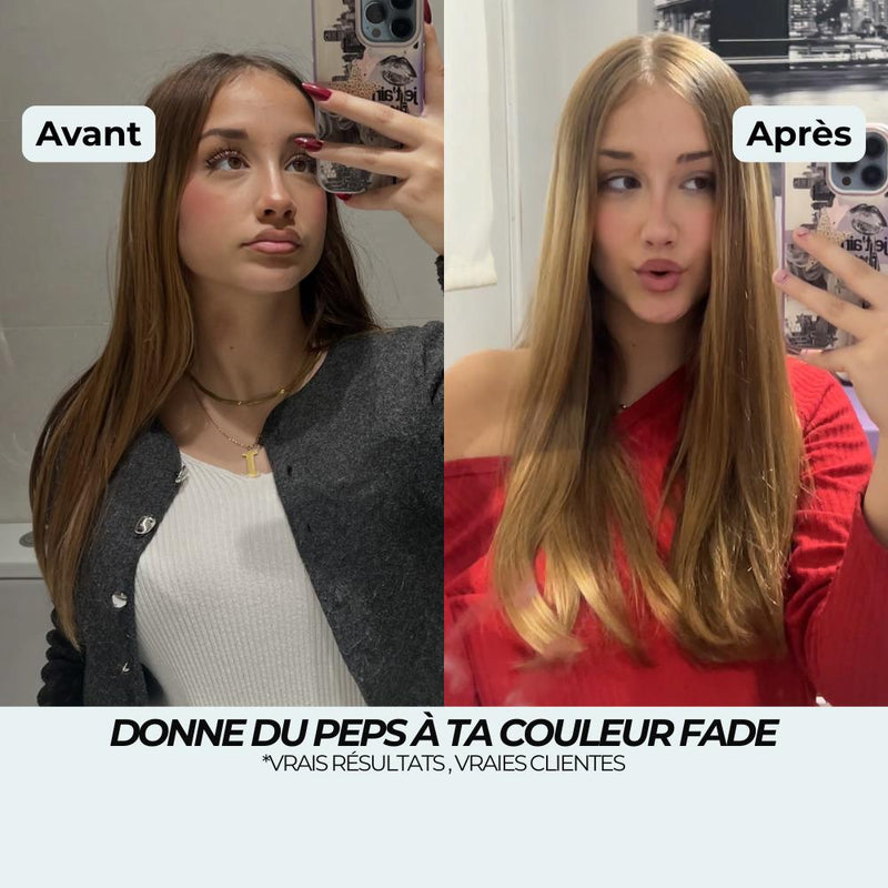 Avant après spray éclaircissant : couleur châtain clair fade ravivée en blond miel brillant