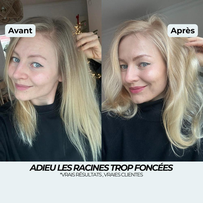 Avant après spray éclaircissant : racines foncées estompées pour un blond clair uniforme