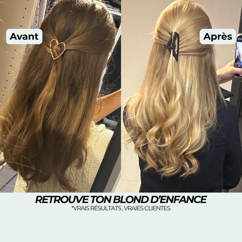 Avant après spray éclaircissant : du châtain clair terne au blond doré, le blond d'enfance retrouvé