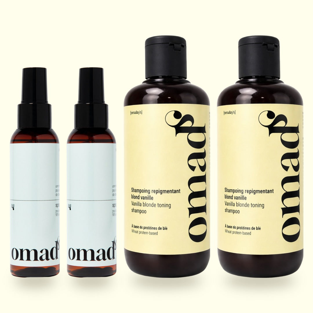 Packshot du lot : 2 Sprays éclaircissants, 2 Shampoings blond vanille