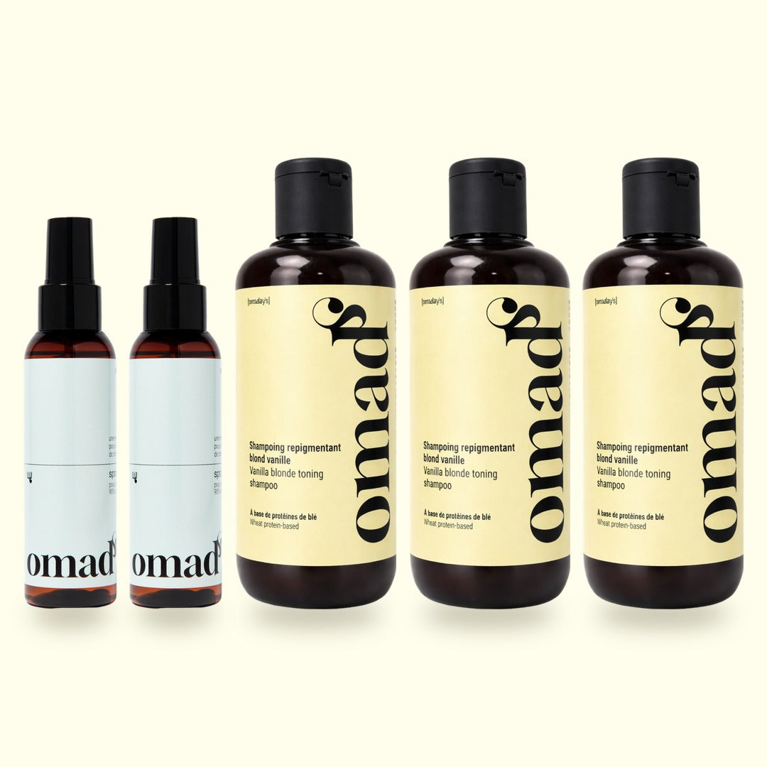 Packshot du lot : 2 Sprays éclaircissants, 3 Shampoings blond vanille