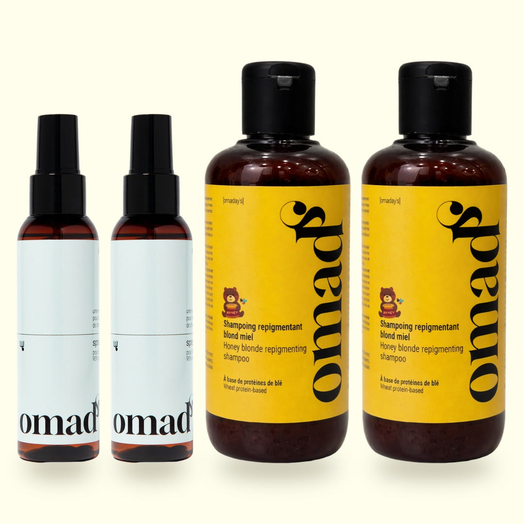 Packshot du lot : 2 Sprays éclaircissants, 2 Shampoings blond miel