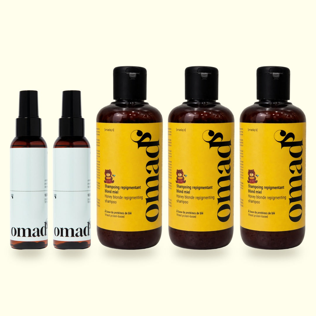 Packshot du lot : 2 Sprays éclaircissants, 3 Shampoings blond miel