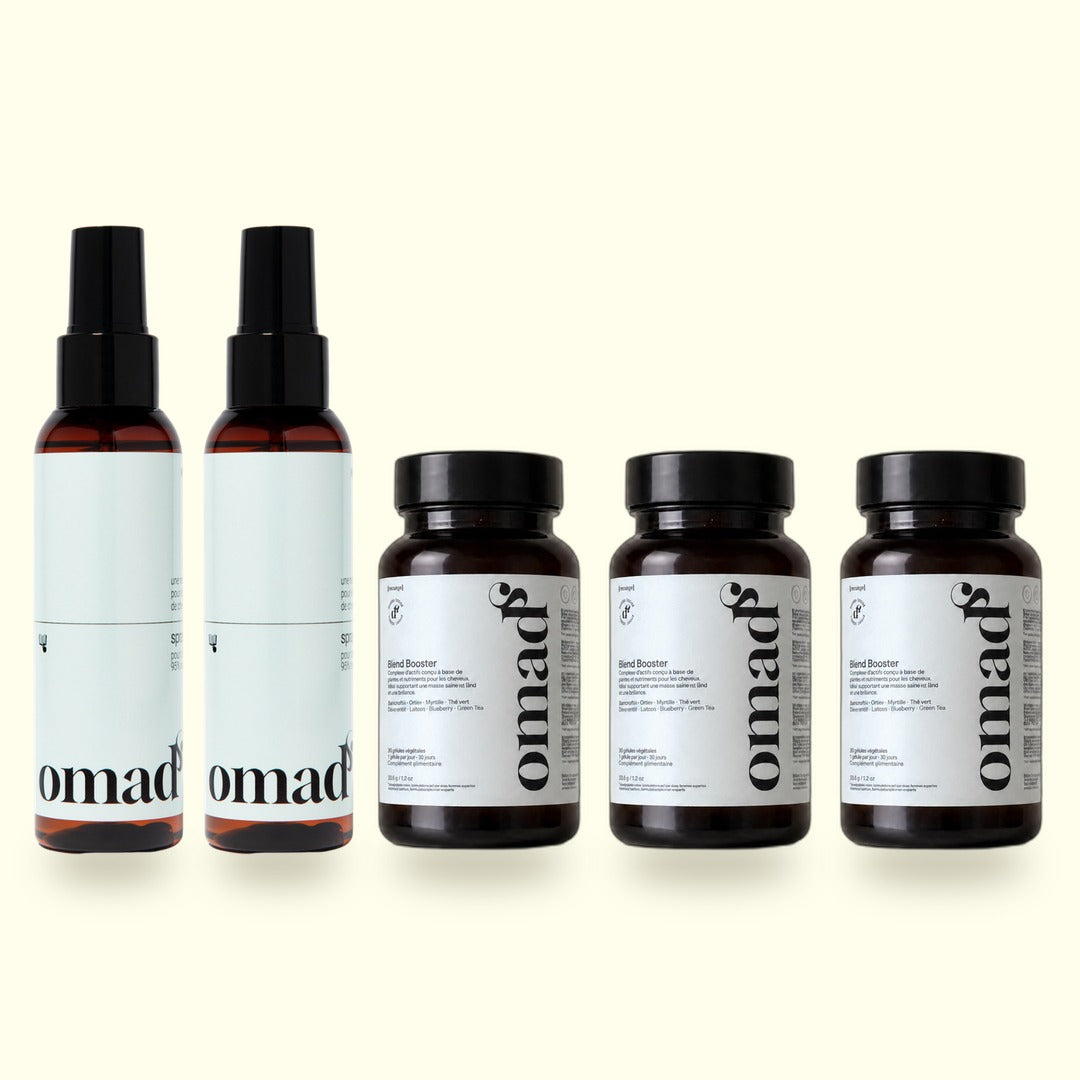 Packshot du lot : 2 Sprays éclaircissants, 3 Compléments Blond Booster