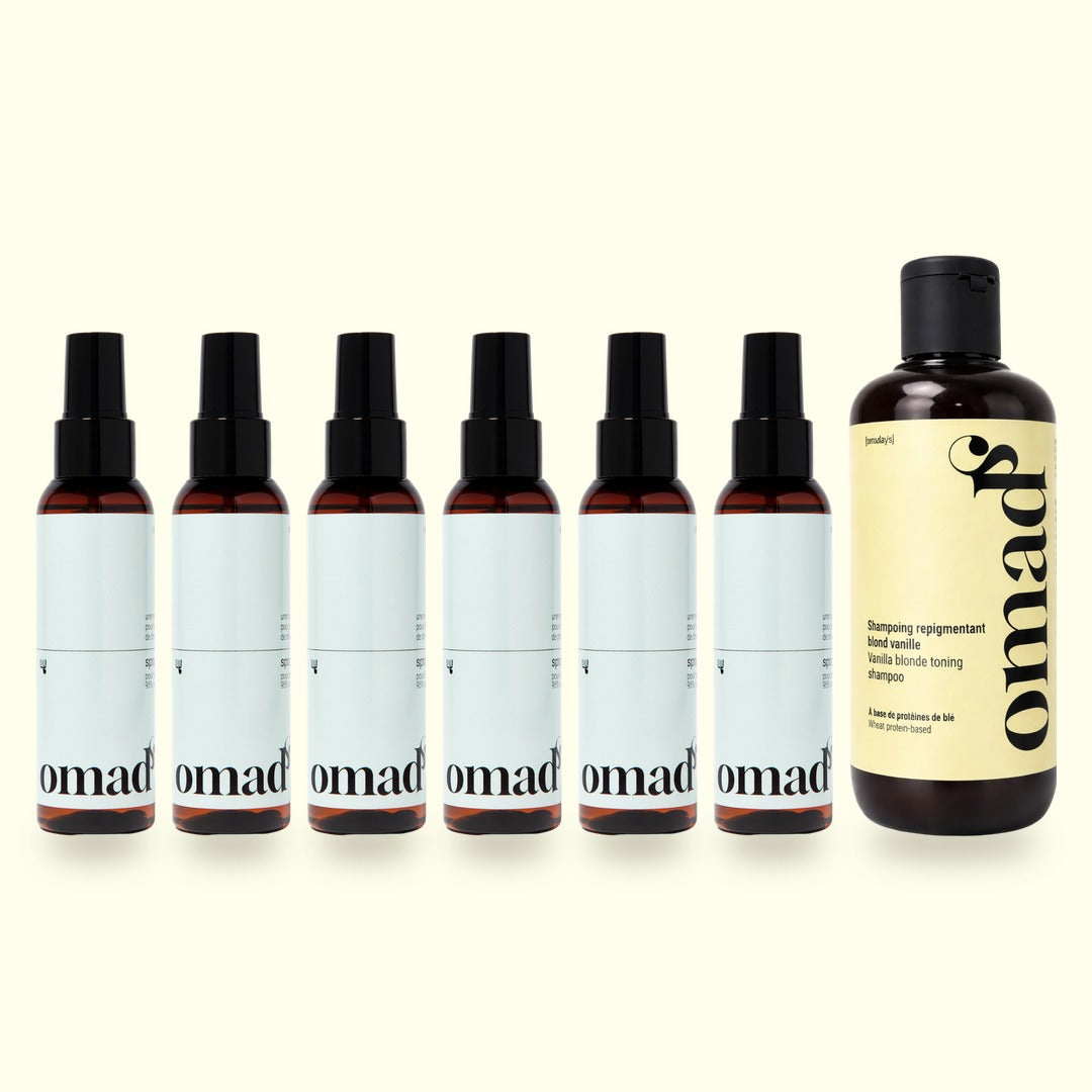 Packshot du lot : 6 Sprays éclaircissants, 1 Shampoing blond vanille