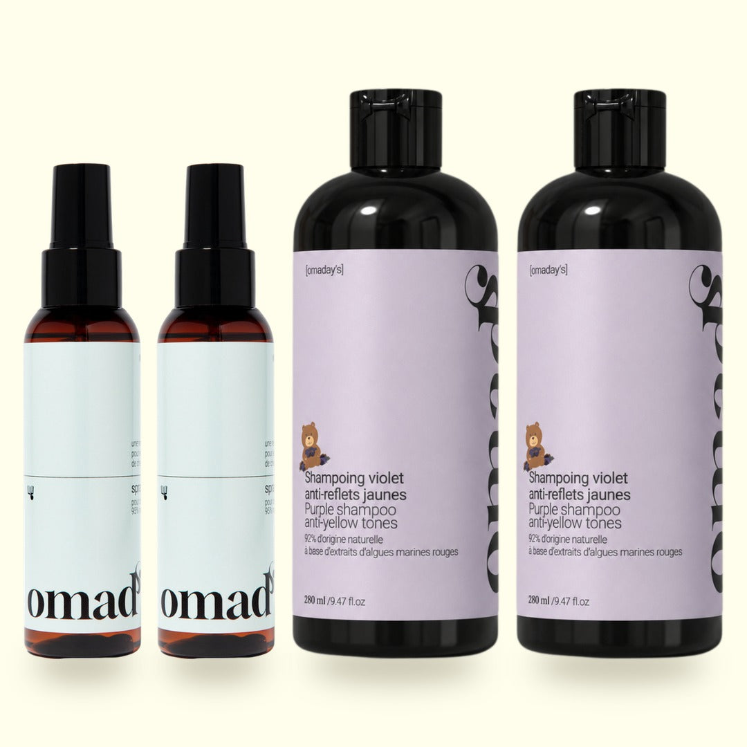 Packshot du lot : 2 Sprays éclaircissants, 2 Shampoings violet anti-reflets jaunes