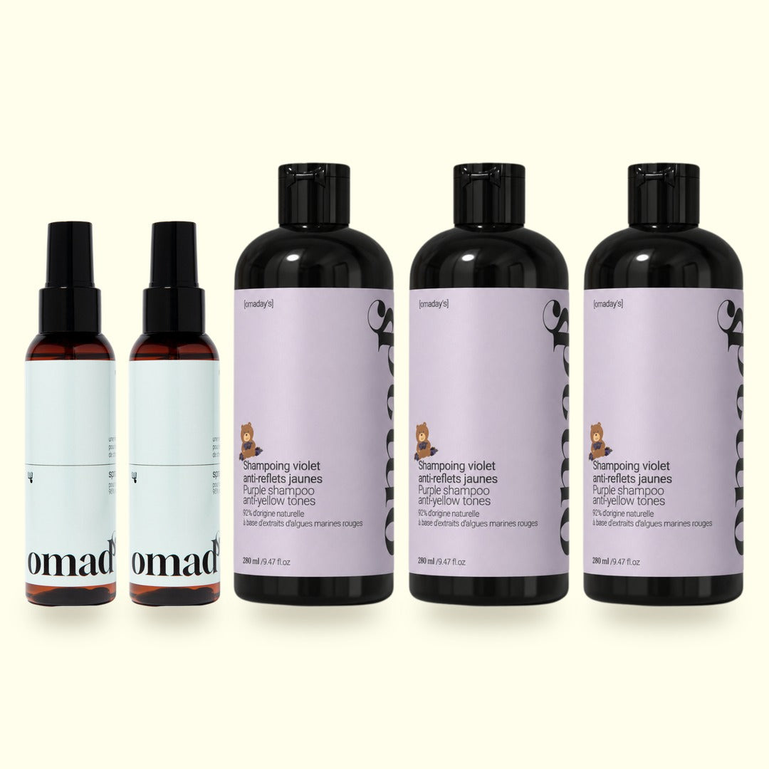 Packshot du lot : 2 Sprays éclaircissants, 3 Shampoings violet anti-reflets jaunes